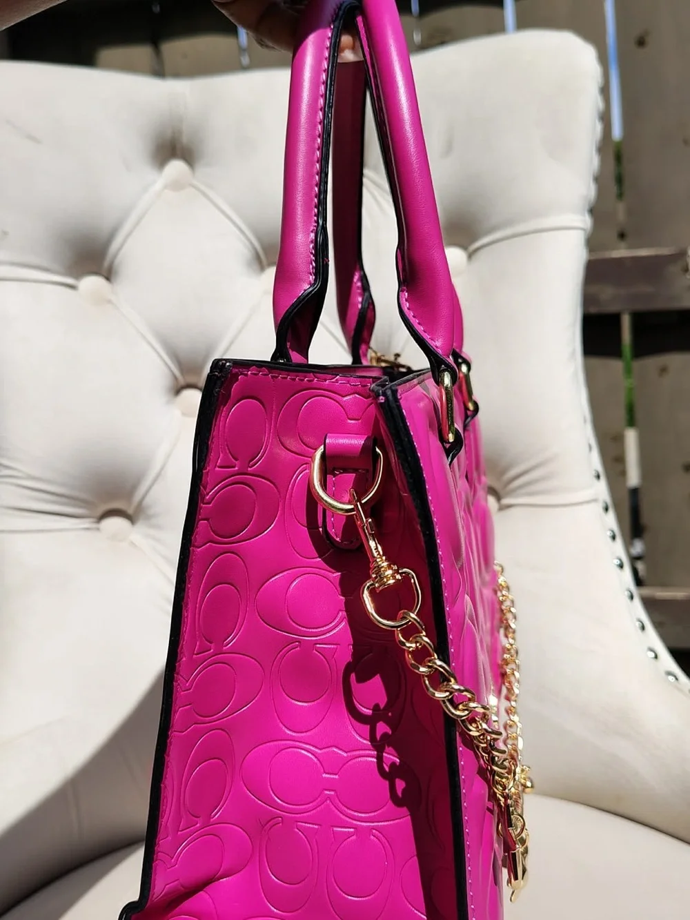 Coach Fuchsia Quilted Leather Satchel with Gold Charm Chain